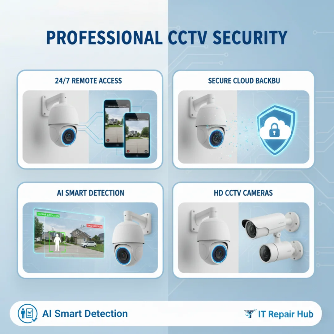 A professional technician performing a high-quality CCTV Camera Installation on a commercial building wall.