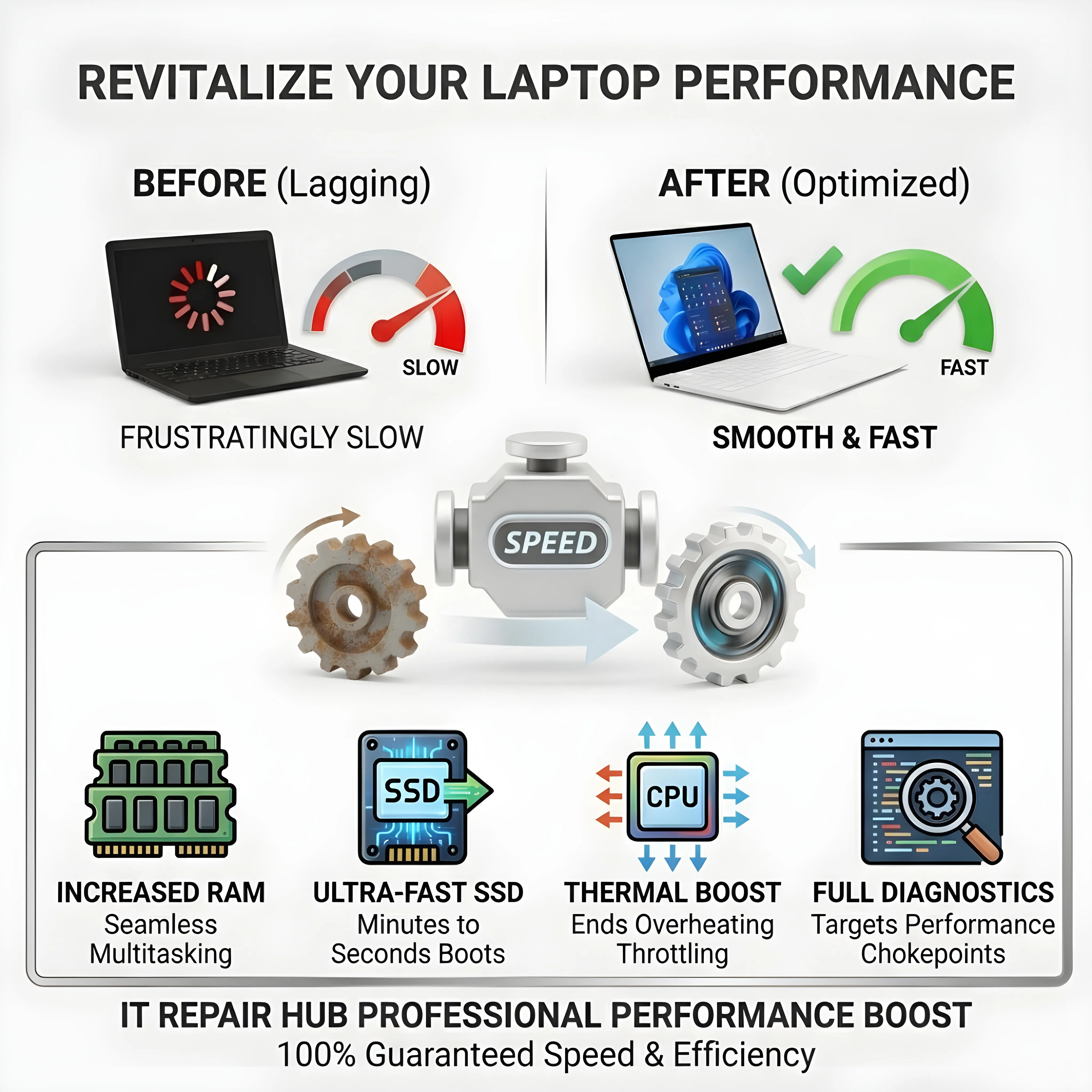 Professional IT Repair Hub service graphic showing Laptop Performance optimization with before-and-after speed comparison.