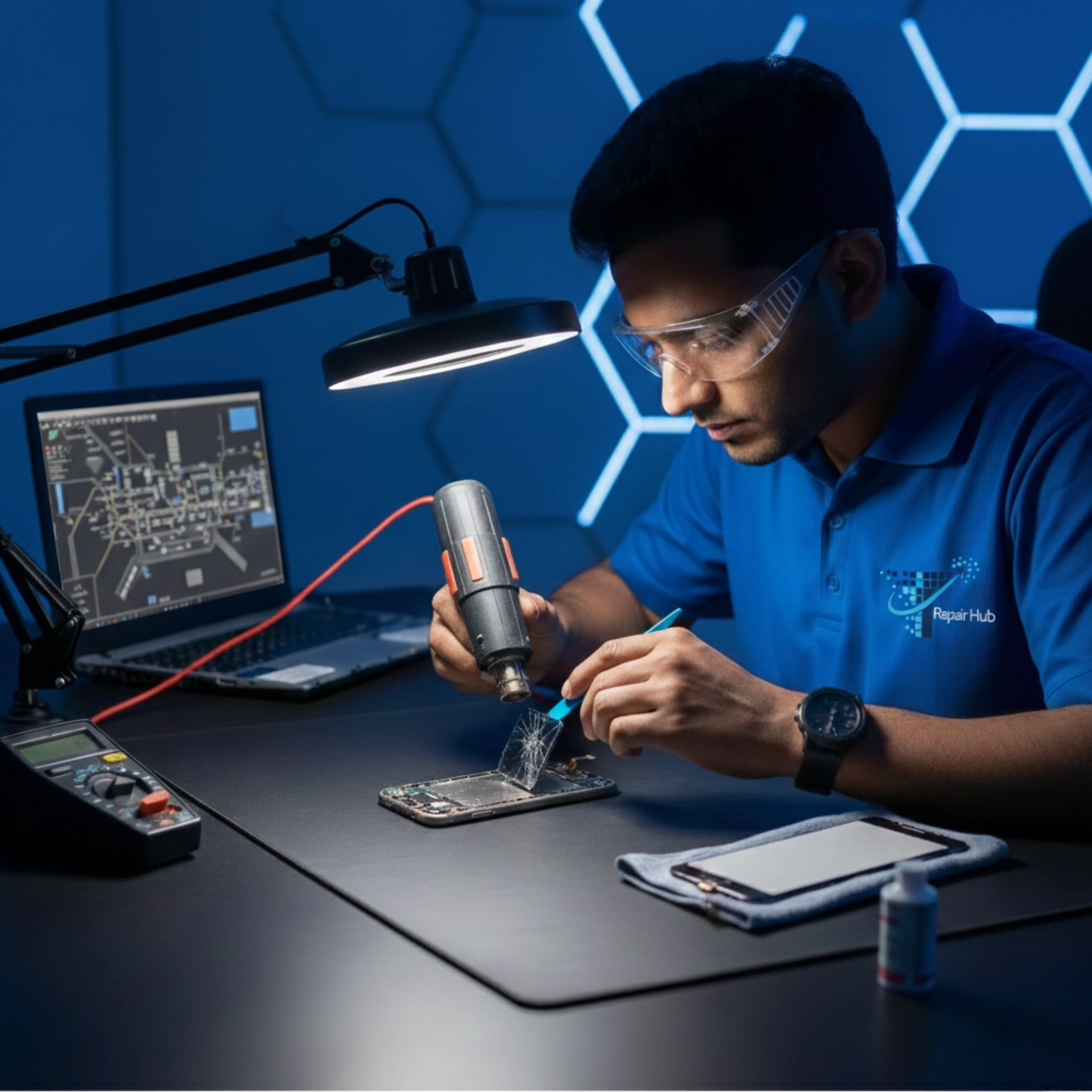 Professional technician replacing a cracked iPhone screen at IT Repair Hub service center.